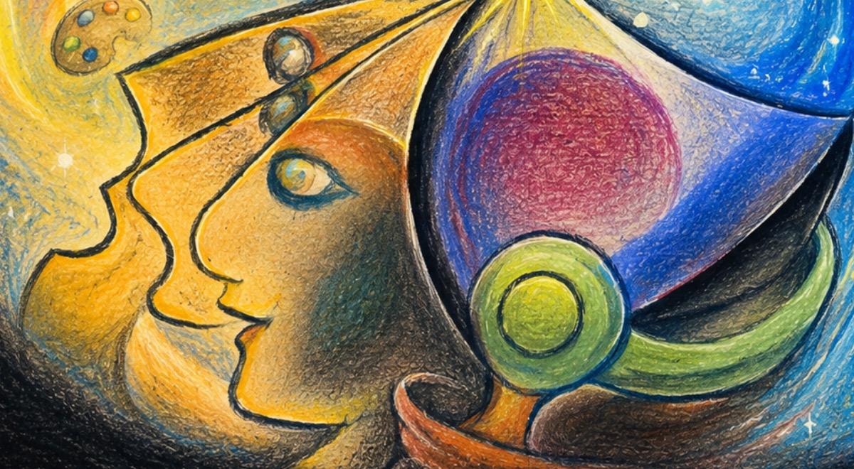 A detail from the Benno's World painting: warm golden faces in profile meeting a berry-red sphere, a green orb and a blue sail — the luminous meeting point where the world begins.